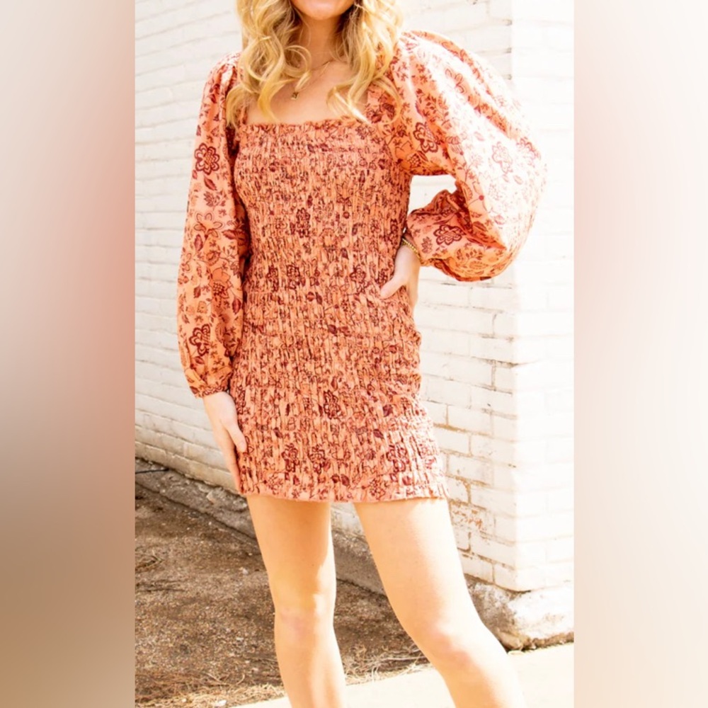Free People Smock It To Me Mini Dress, Apricot Combo, sz XS